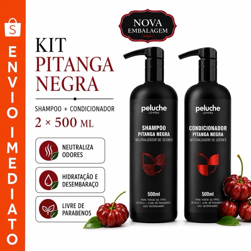 Kit Shampoo + Condicionador Pet Pitanga Negra Peluche Lovers para Cães e Gatos