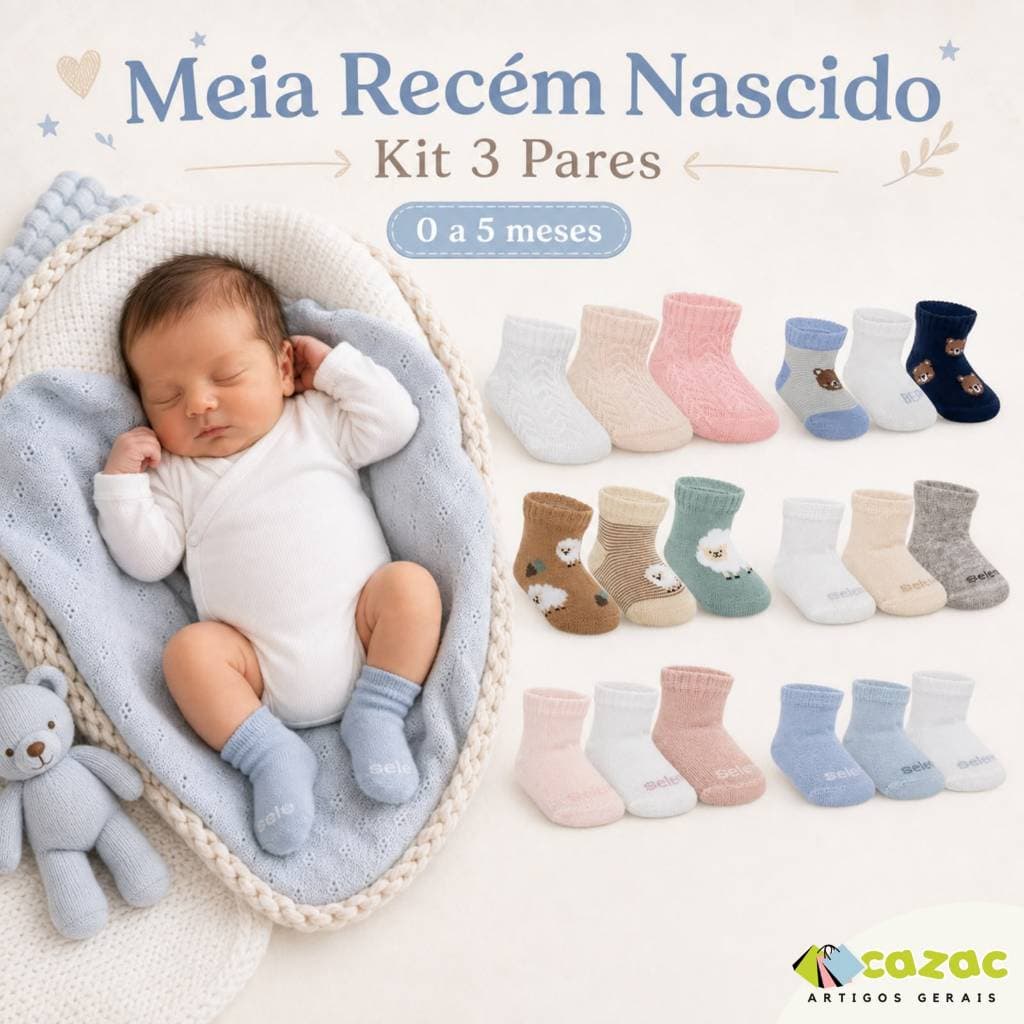 Kit Pares Meias Lisas e Estampadas Calcanhar Bebê Recém Nascido 0 a 5 meses Enxoval Saída Maternidade