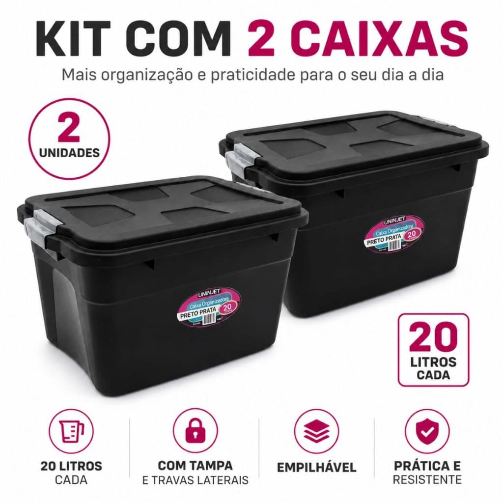 Kit 2 Caixas Organizadoras 20L Com Tampa Travas Empilháveis Multiuso Para Casa Quarto Cozinha Escritório