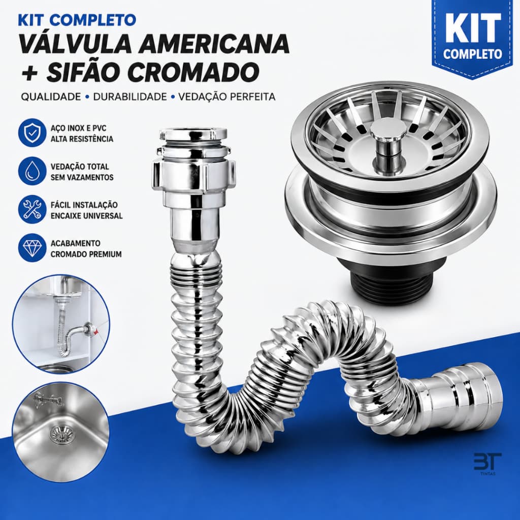 Kit Válvula Americana 3.1/2 + Sifão Cromado Para Pia de Cozinha Universal Inox Completo