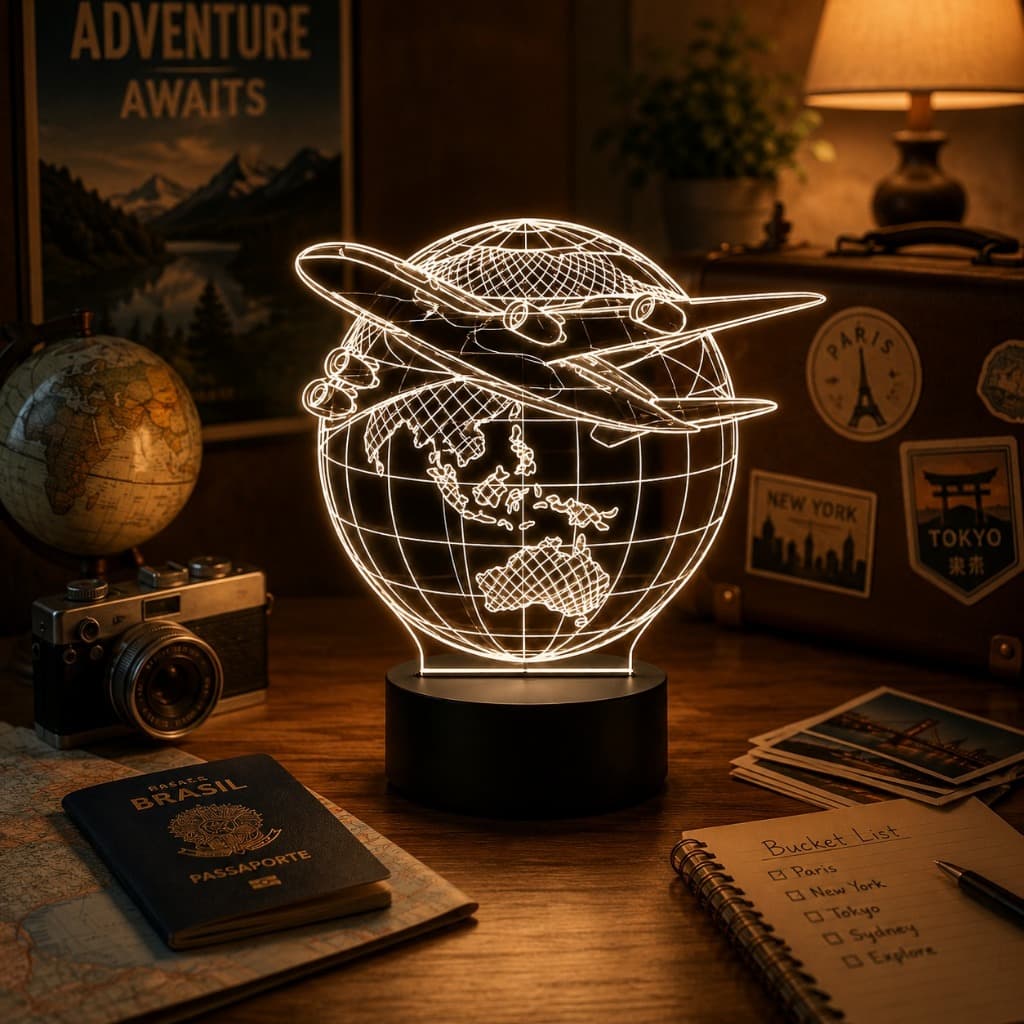 Luminária Led 3d | Viagem Avião Mundo 2 | Abajur Presente Criativo Decoração Multicores