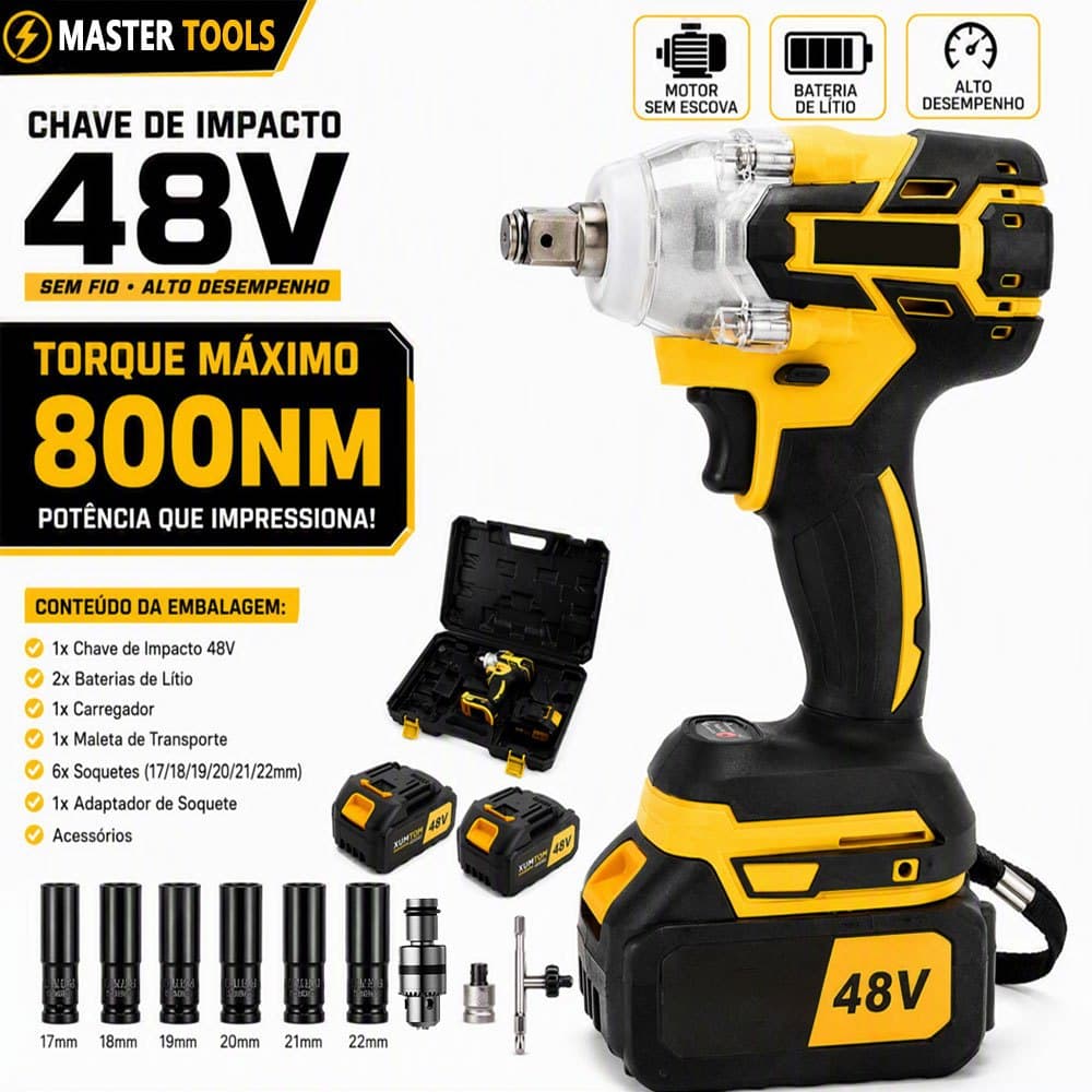 Chave de Impacto Elétrica 48V 800NM 2 Baterias Sem Fio Parafusadeira Furadeira Maleta Automotiva