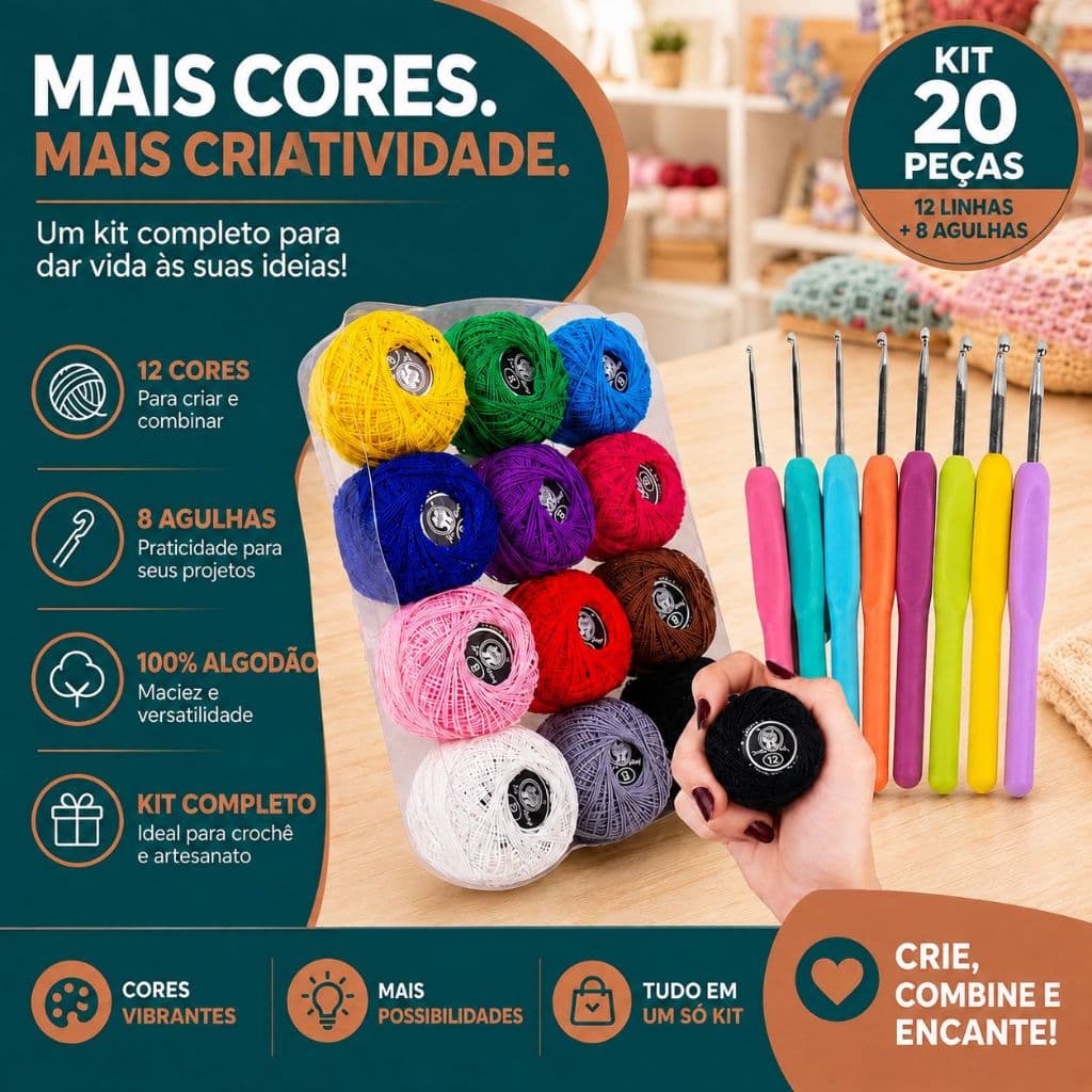 Kit Crochê Completo 12 Linhas Coloridas 100% Algodão + 8 Agulhas Ergonômicas Amigurumi Iniciante -AE