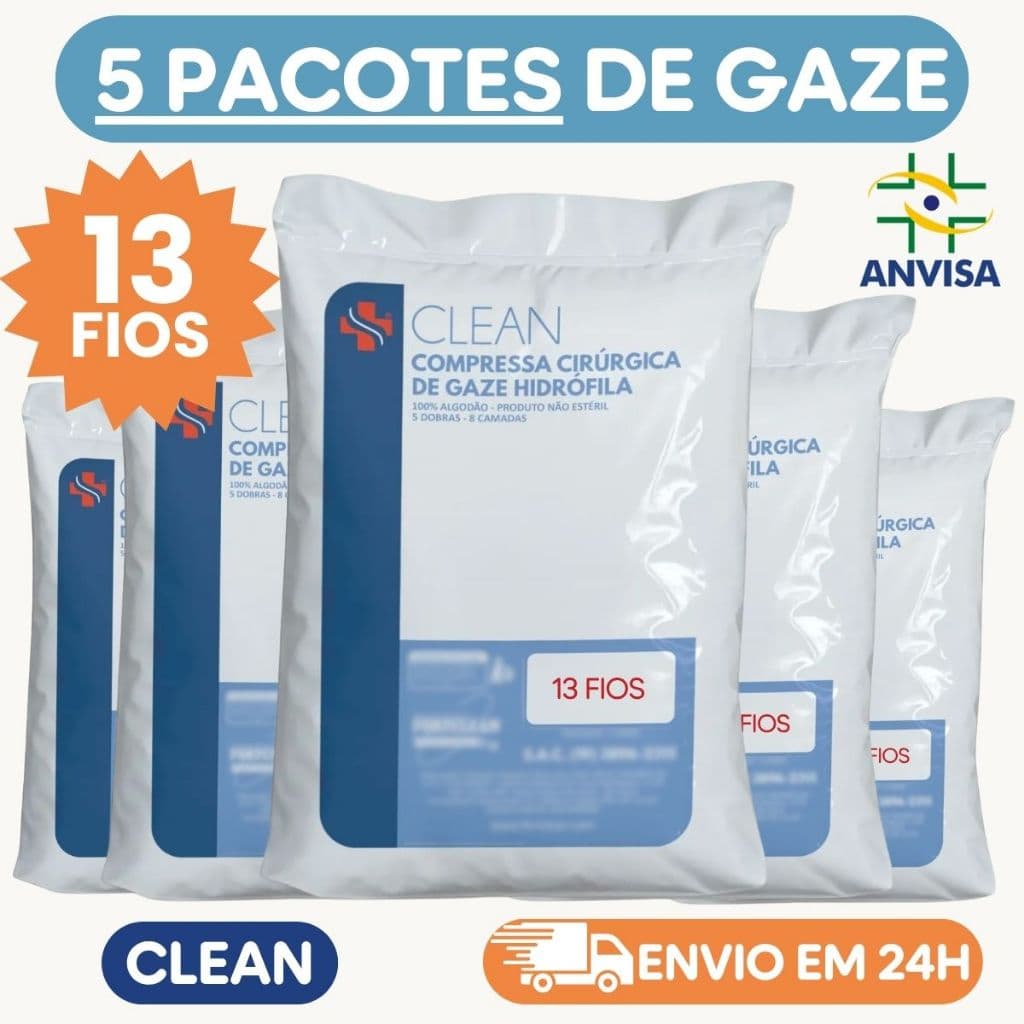 5x Pacotes Compressas de Gaze Clean 13 Fios Não Estéril Pacote c/ 240g de Gase Curativo 7,5 x 7,5 cm
