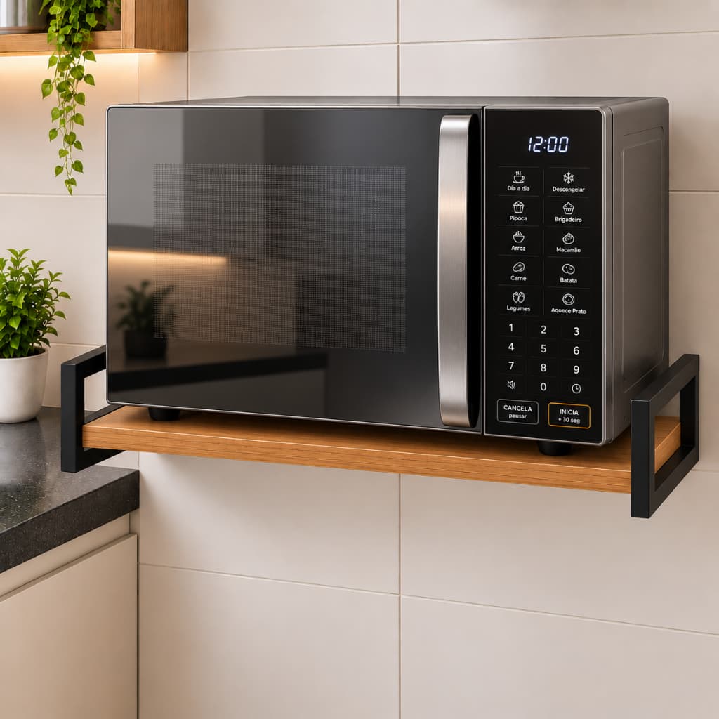 Suporte De Microondas, Forno, Air Fryer Parede Industrial 60cm Prateleira MDF Organizador Cozinha
