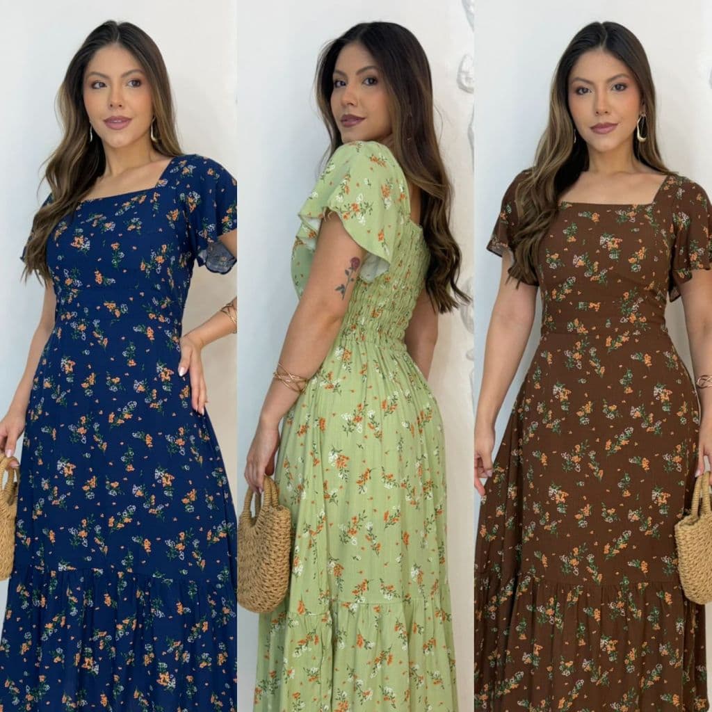 Vestido Feminino Midi Com Manga Curta Estampa Floral com Bojo Forro e Lastex nas Costas Moda Social