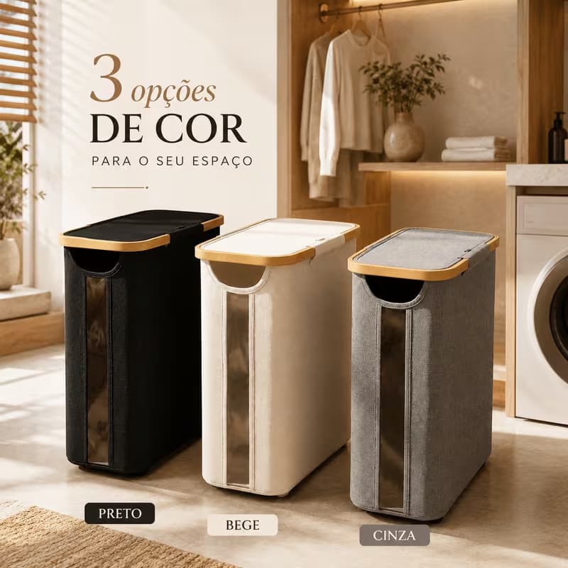 Cesto Organizador Dobrável Slim com Tampa e Visor Lateral para Banheiro Lavanderia Roupas Papel Higiênico