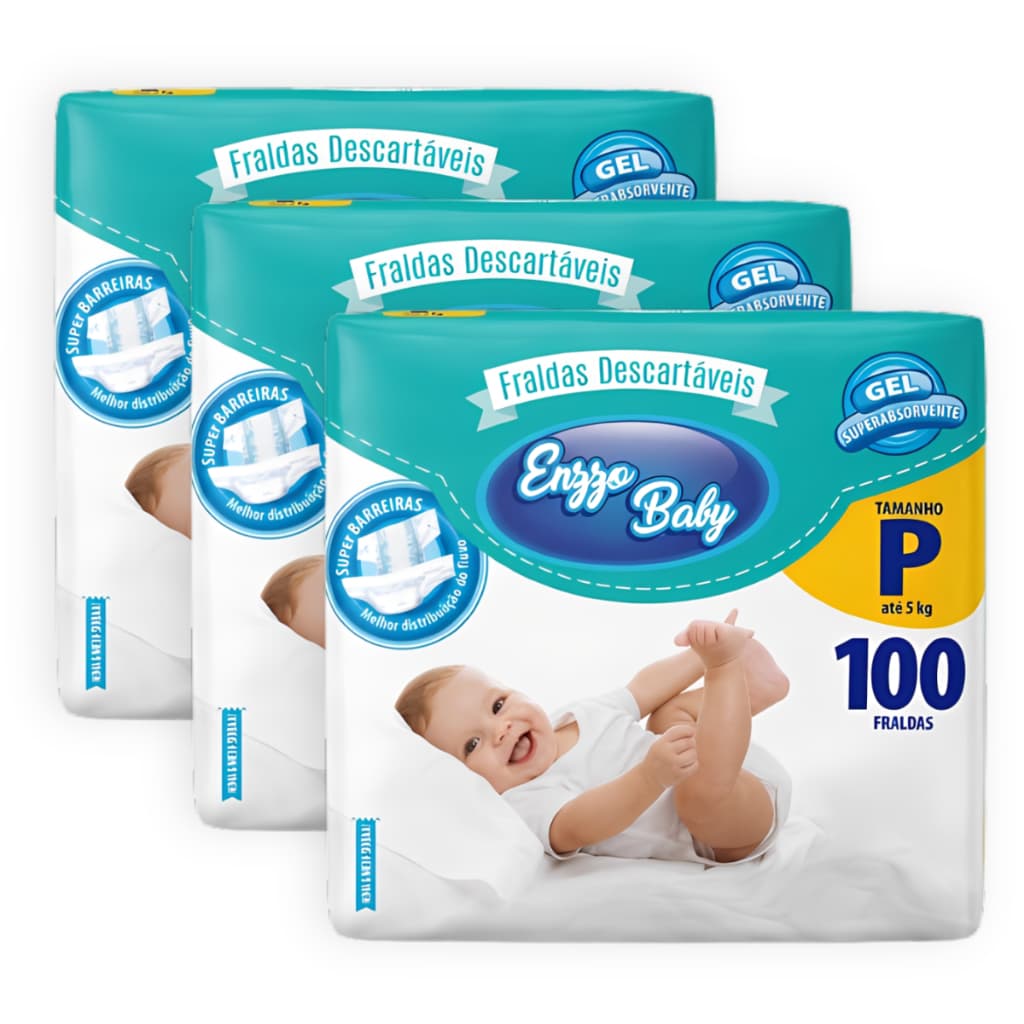 Kit 3 Pacotes Fraldas Descartavel Infantil Enzzo Baby Tamanho P - 100 Unidades Total 300 Unidades