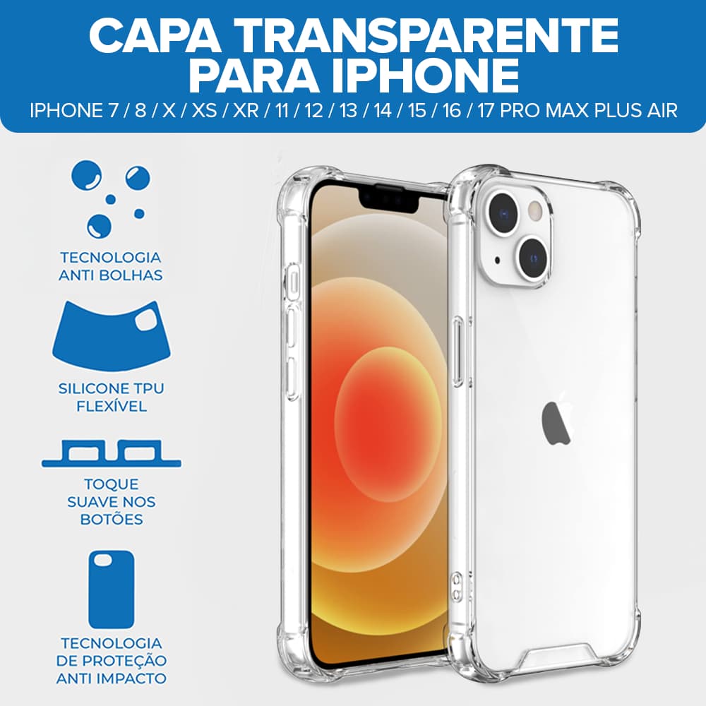 Capa Case Capinha De Celular Para iPhone 7 8 X XR XS 11 12 13 14 15 16 17 18 Pro Max Anti Impacto Transparente
