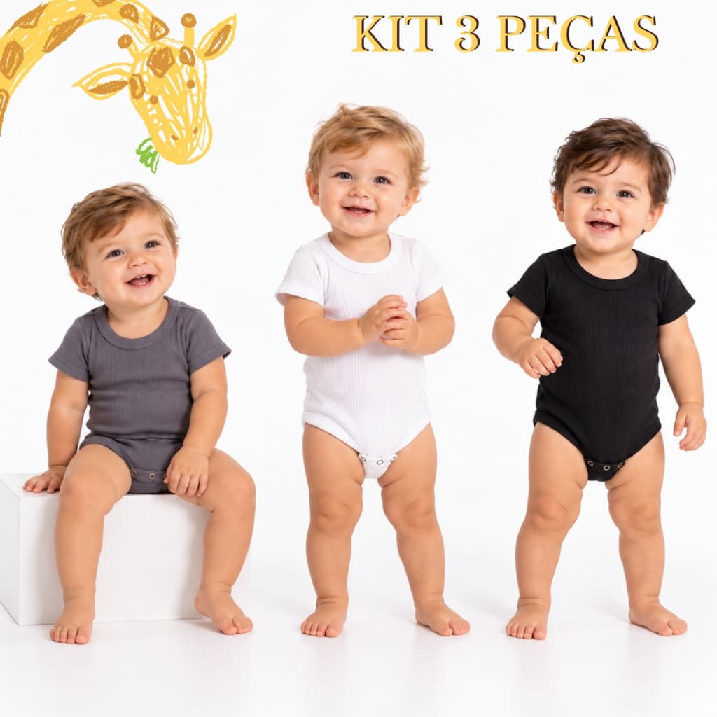 Kit 3 Peças Body Bebê Menino Manga Curta Ribana Canelada Liso Unissex Básico Enxoval