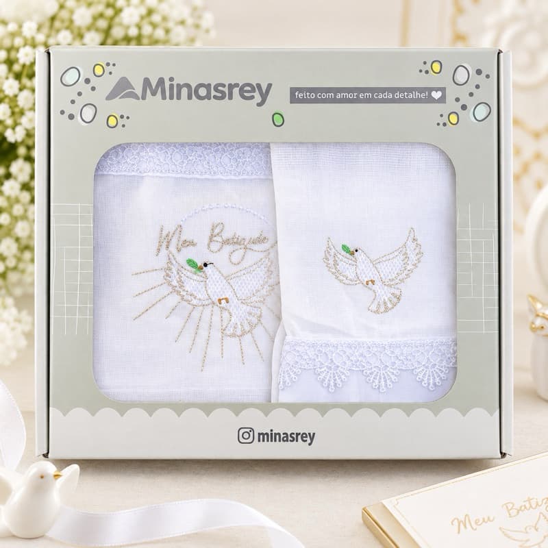Kit Batizado Bebê Menino Menina Fralda Boca Bordada Pomba Espírito Santo Algodão Presente Lembrança Enxoval Luxo
