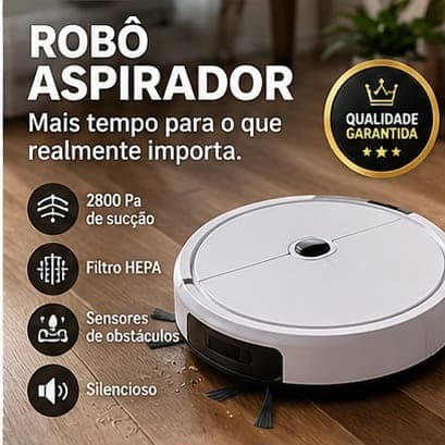 Robô Aspirador de Pó 2800Pa Recarregável Filtro HEPA Sensor de Obstáculos Silencioso