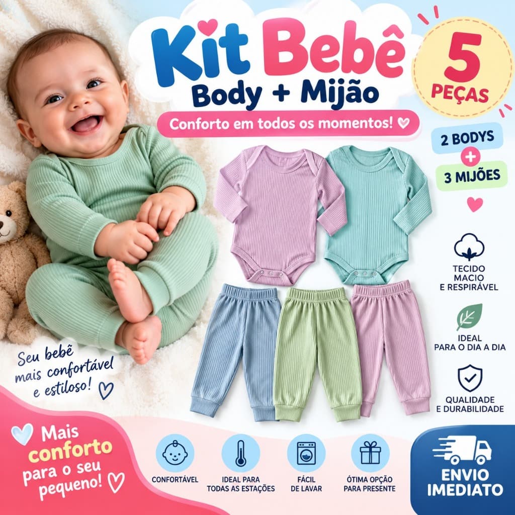 Kit 5 peças Body Mijao Bebe Premium Algodão Enxoval Bebe Menino Menina