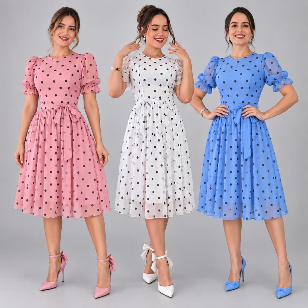 Promoção Vestido Midi Evangelico de Tule Lisso  E Estampa Poá Manga Princesa com Lazo Elegante Congresso