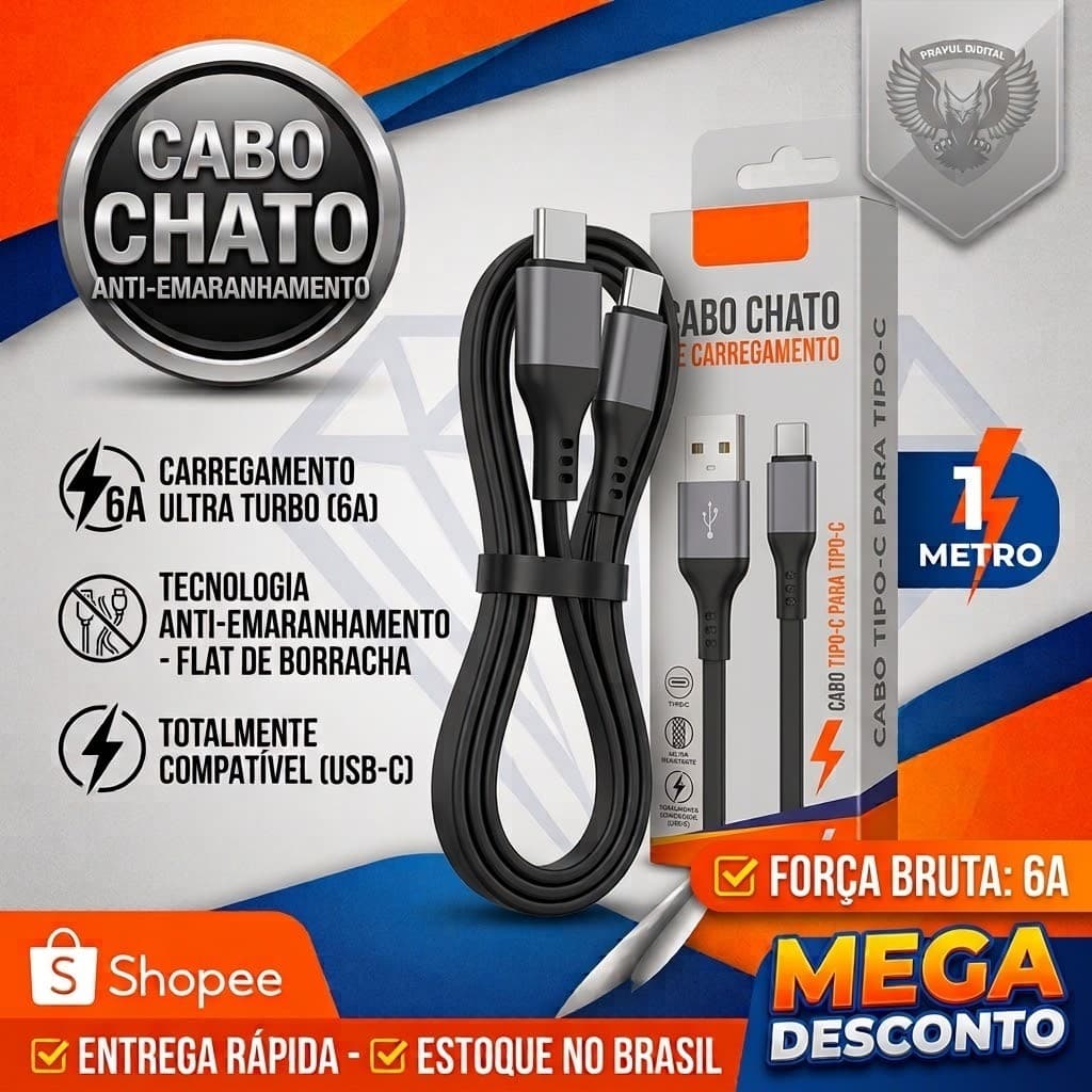 Cabo Tipo C 6A Carregamento Rápido Turbo 1M Reforçado Alta Resistência Dados Celular Smartphone