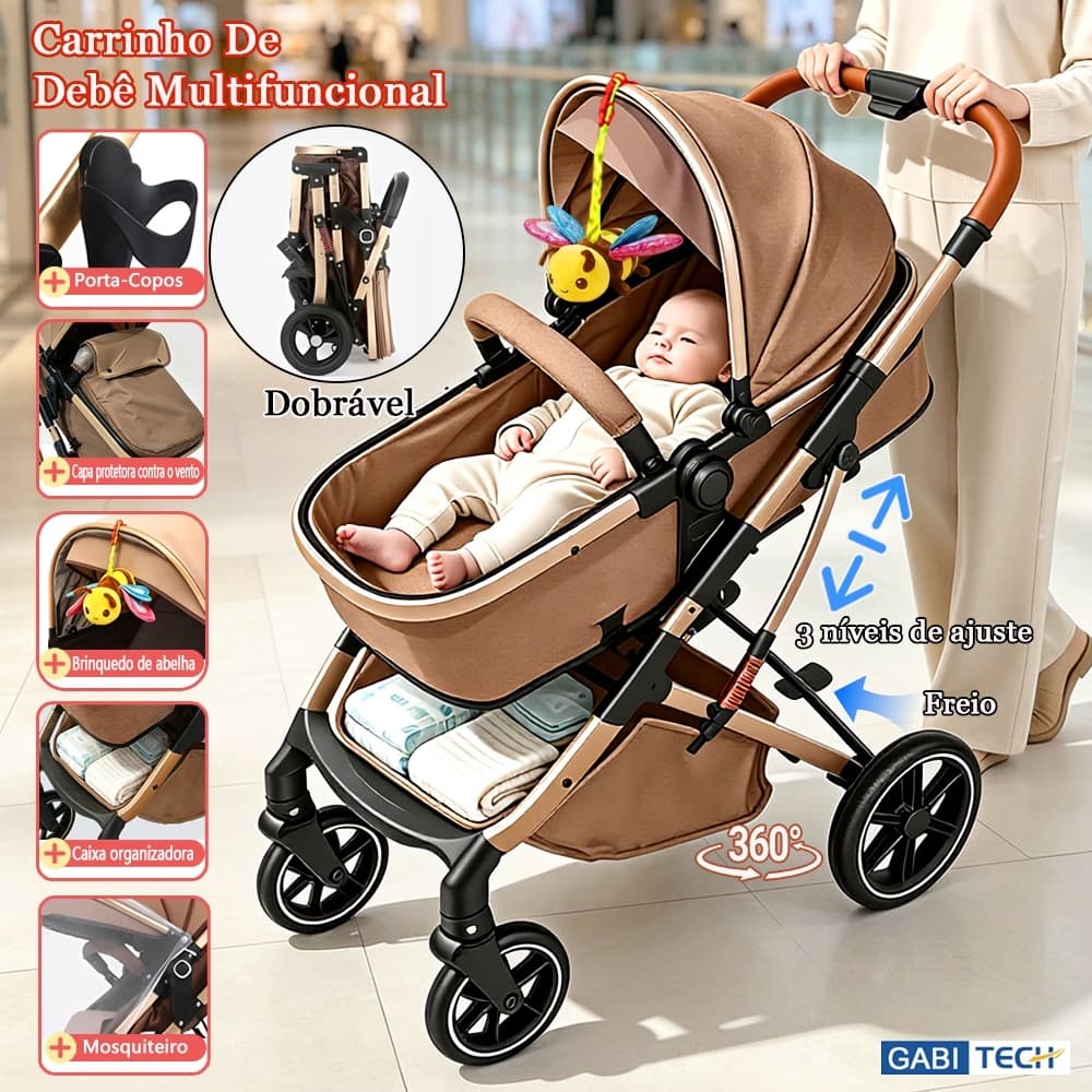 Kit Carrinho De Bebê 3 Em 1 Dobrável Posições Reguláveis Com De Bebê Passeio Reversível
