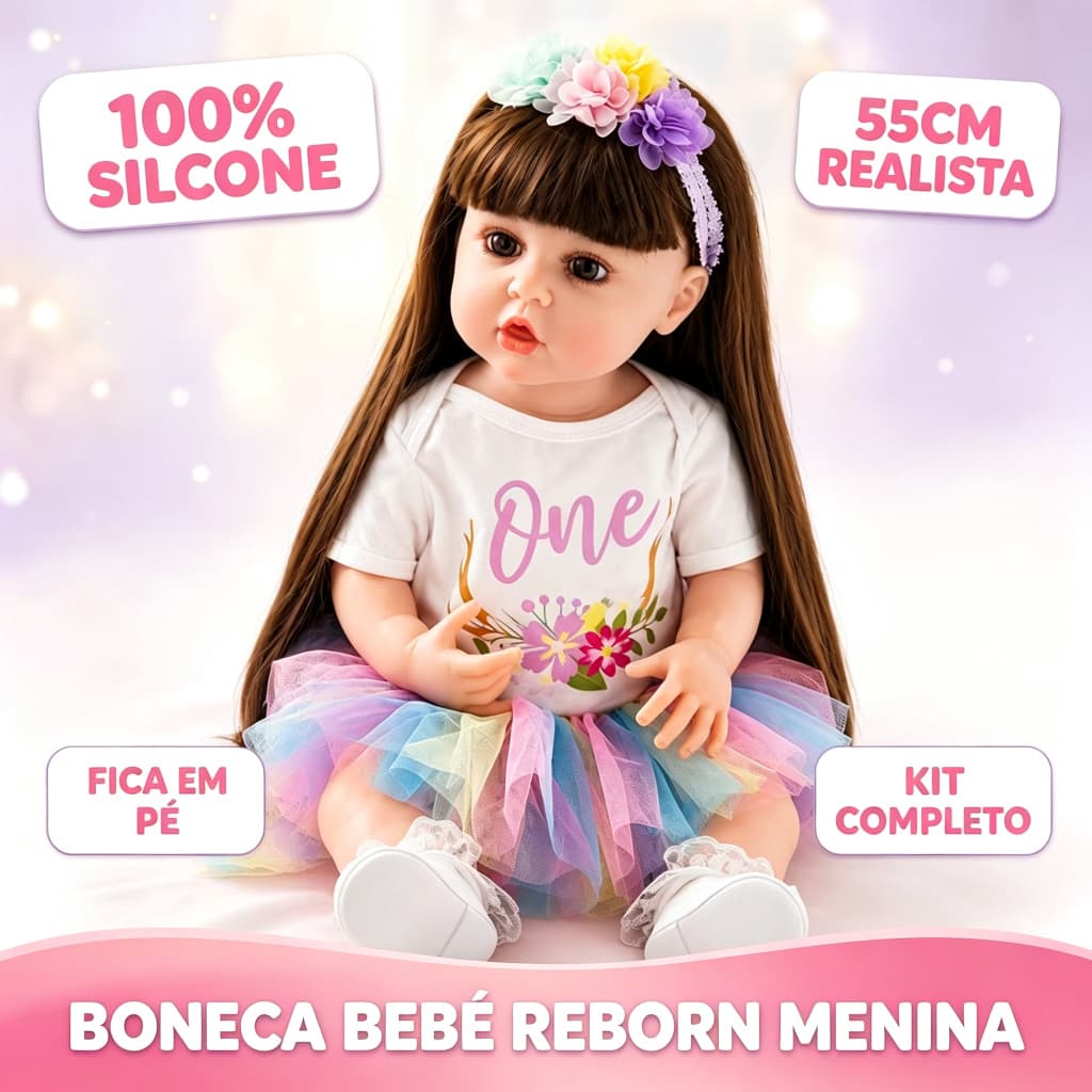 Boneca Bebê Reborn Menina 55cm Silicone 100% Realista Articulada Cabelo Implantado Fica em Pé Kit Completo