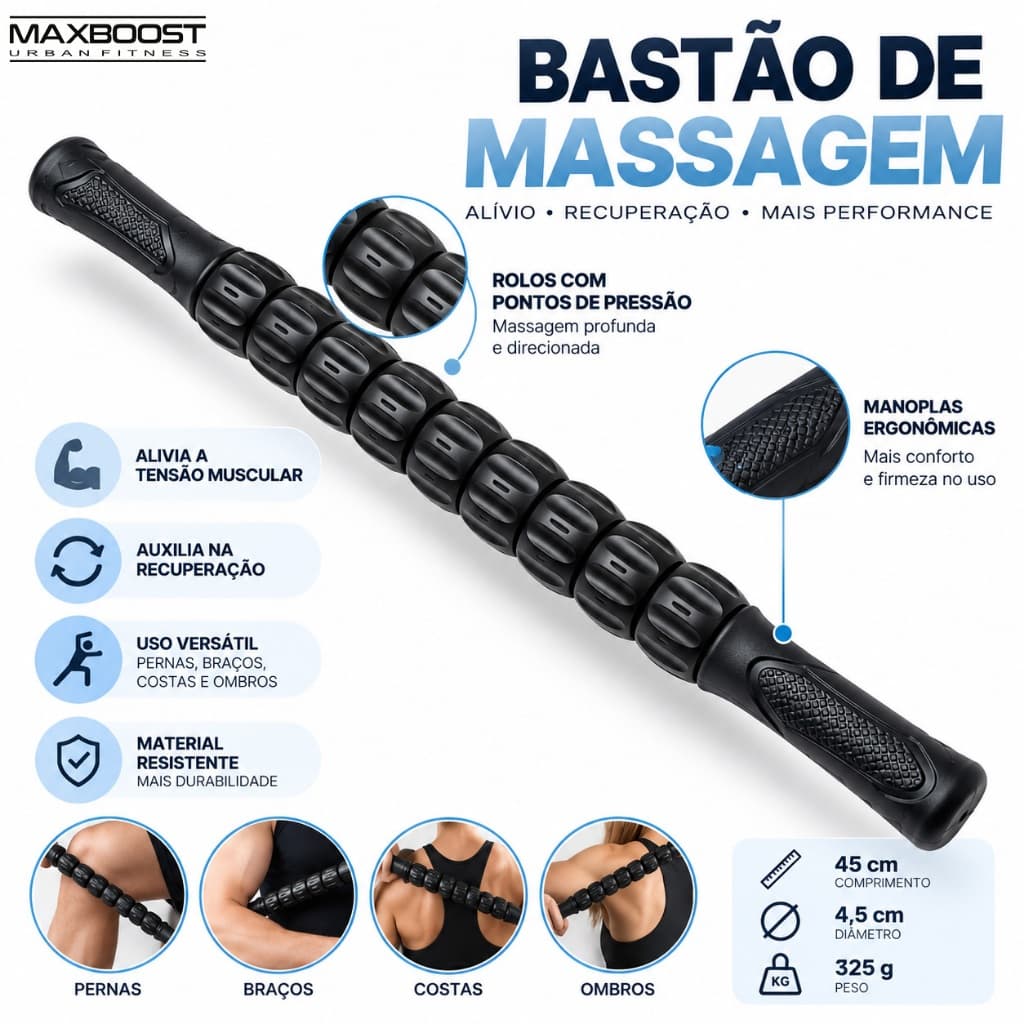 Bastão Massageador Muscular 45cm com Rolos de Pressão para Pernas Costas Braços Ombros Relaxamento Pós-Treino