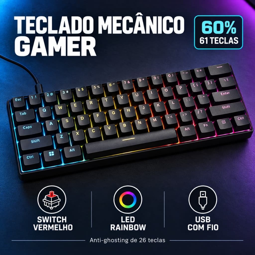 Teclado Mecânico Gamer 60% 61 Teclas Switch Vermelho LED Rainbow USB com Fio Anti-Ghosting 26 Teclas Preto