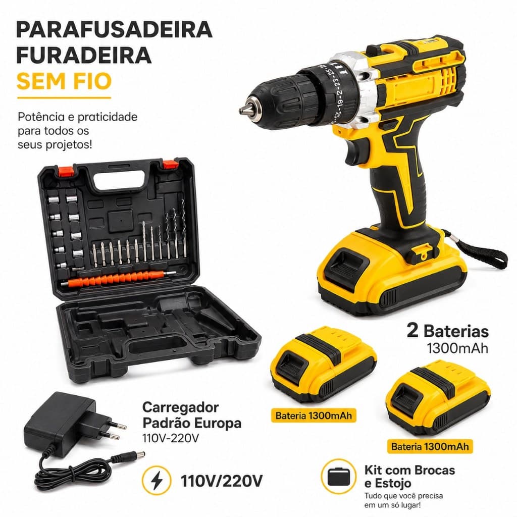 Furadeira Parafusadeira 3 em 1 21V 35Nm 1350RPM 2 Velocidades 25+1 Níveis com 2 Baterias e Acessórios