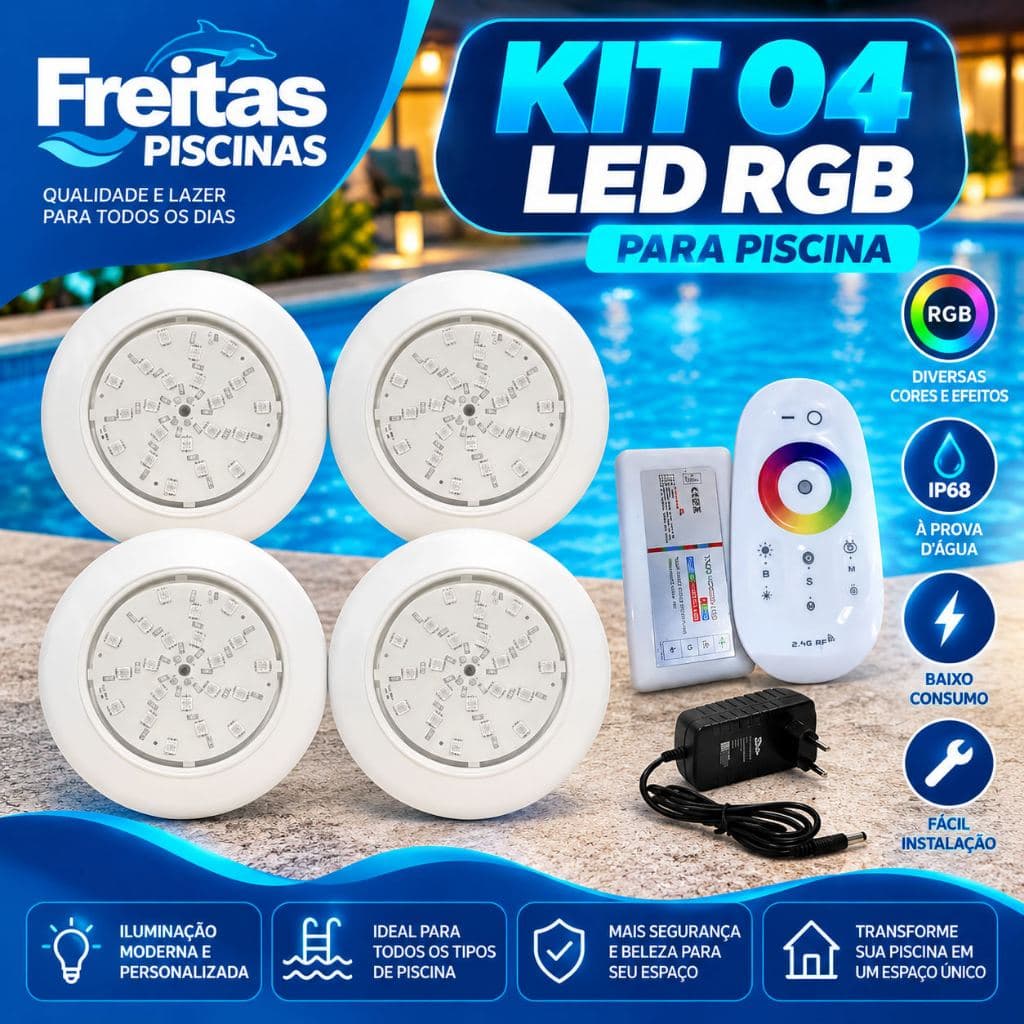 KIT LUMINARIA LED PISCINA 04 POWER LED RGB COM CENTRAL TOUCH E FONTE PARA PISCINA
