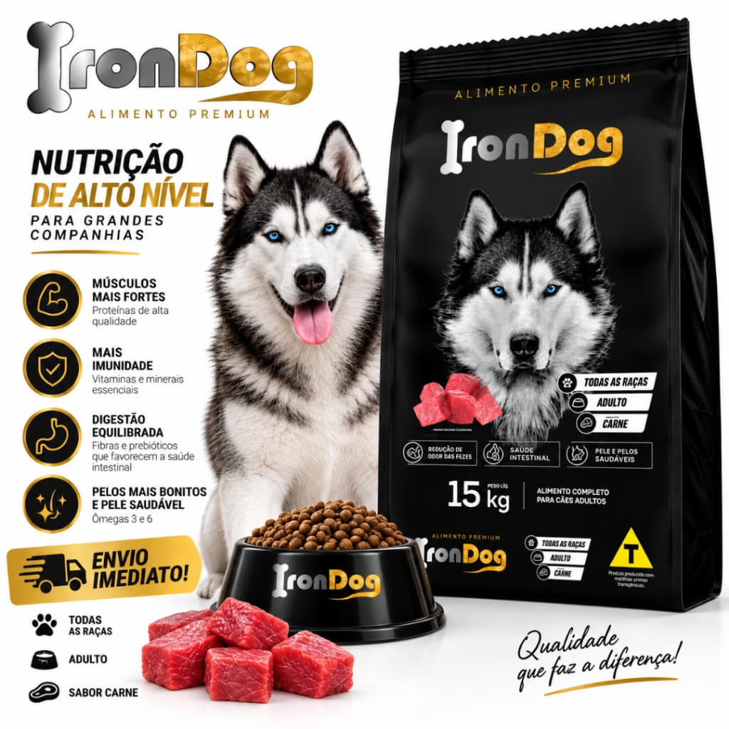 Ração Cachorro 15kg Iron Dog Premium Sabor Carne Para Cães Adultos - Envio Imediato