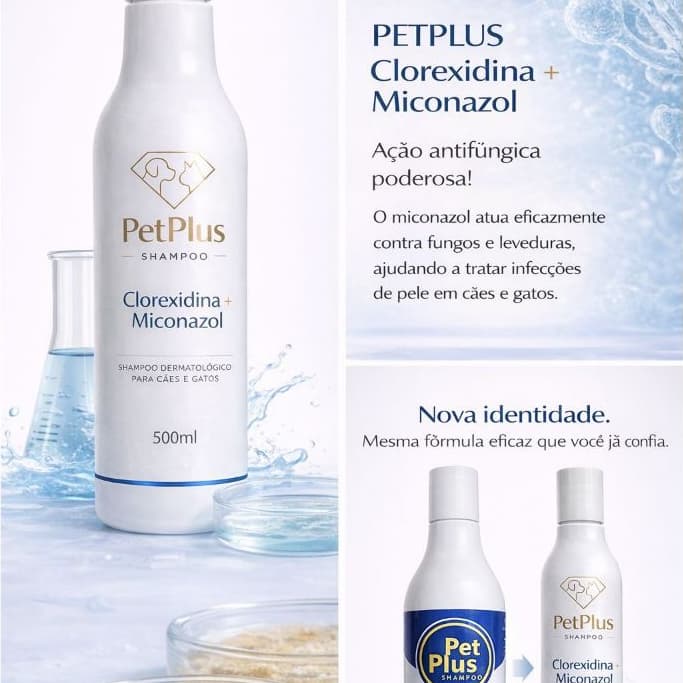 Shampoo Pet Plus Clorexidina e Miconazol 500 ml -Dermatológico, Antifúngico Terapêutico para Cães e Gatos