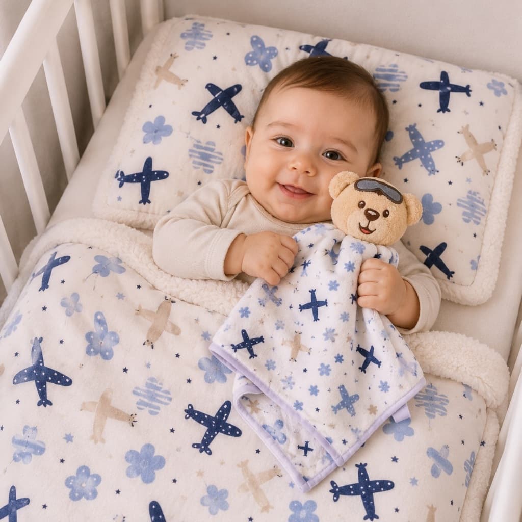 KIT MANTA MANTINHA COBERTOR SOFT NANINHA 02 PC  TEMA DE URSO AVIADOR ENXOVAL DE BEBE ROUPA DE BEBE
