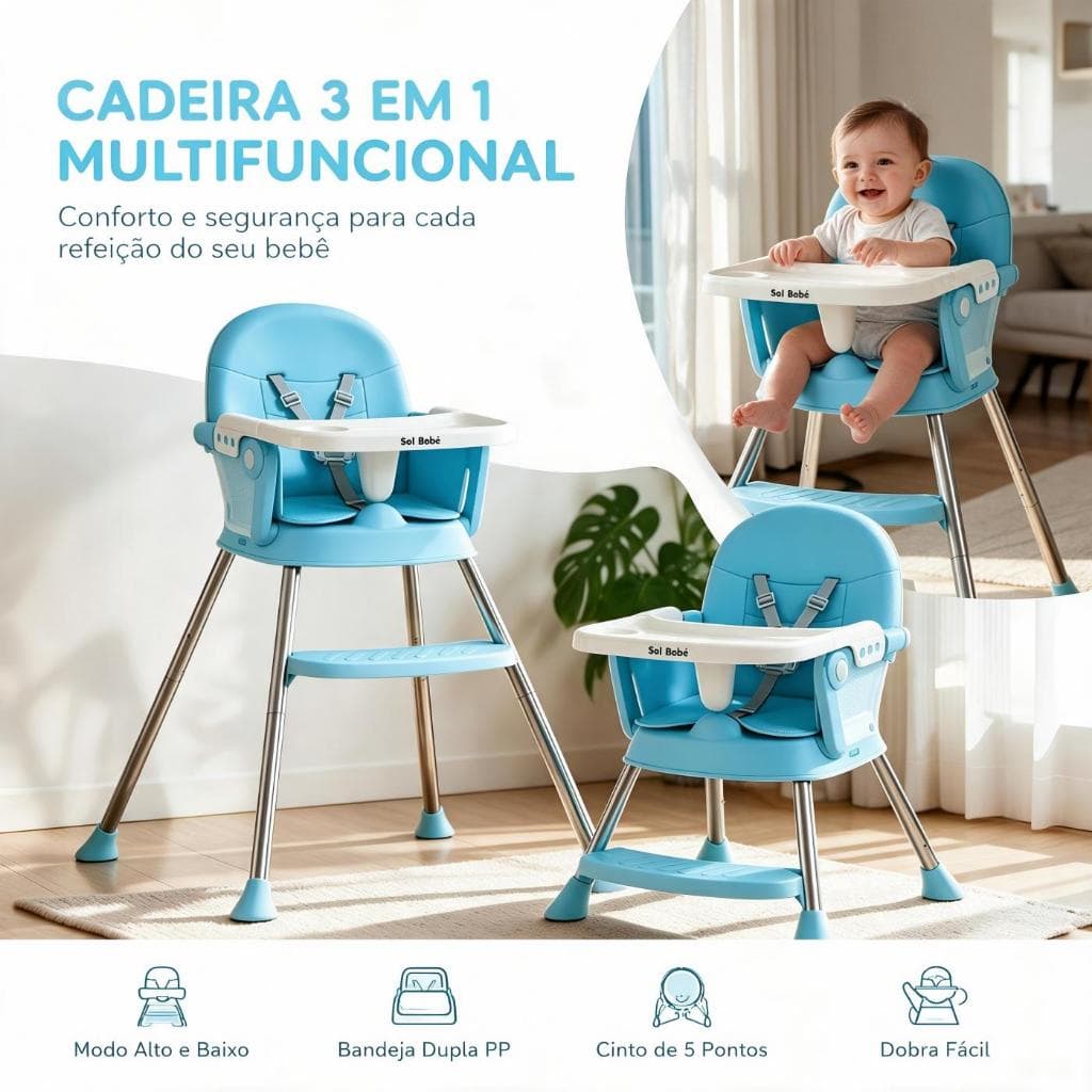 Cadeira de Alimentação Bebê 3 em 1 Suporta até 50KG Portátil Dobrável, com 3 níveis de altura e bandeja removível