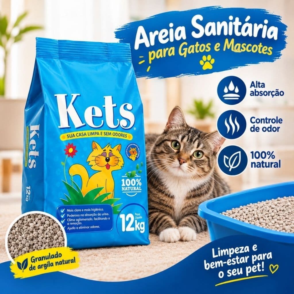Areia Sanitária Para Gatos Kets Alfa Pet 12kg Granulado Higiênico Argila Natural Controle de Odor