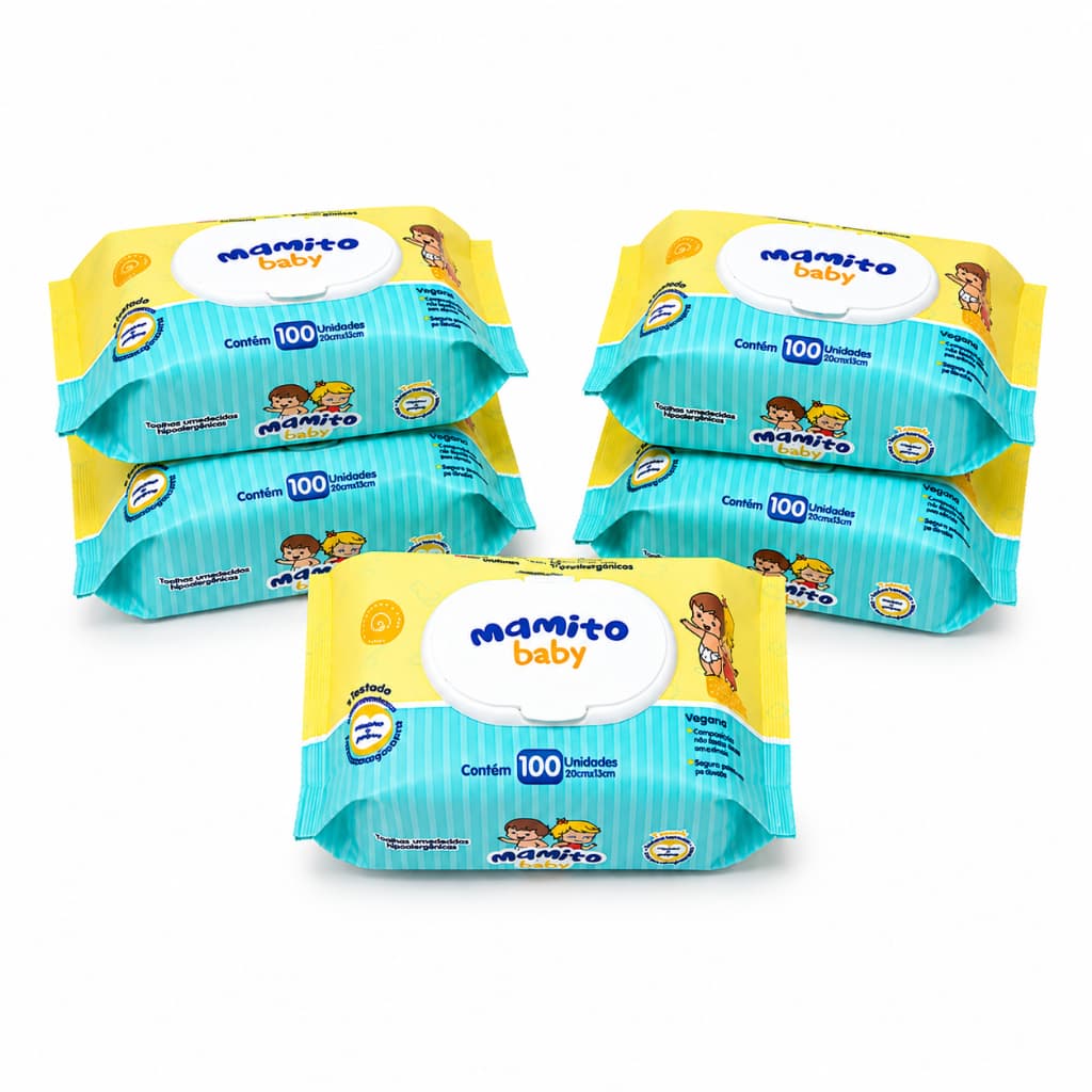 Kit 5 Pacotes Toalhas umedecidas para bebê Mamito Baby 100 Folhas | Kit lenço umedecido bebê
