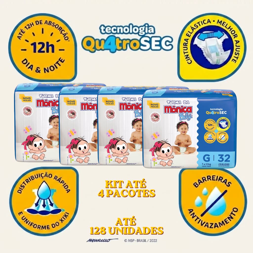 Kit até 4 pacotes Fralda Turma da Mônica G | 32, 64, 96 ou 128 unidades | Qu4troSEC | 7 a 11kg
