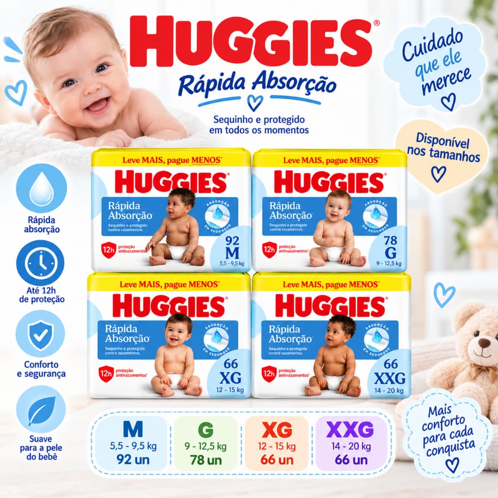 Fralda Huggies Rápida Absorção Mega Econômica M G XG XXG Até 12h Proteção