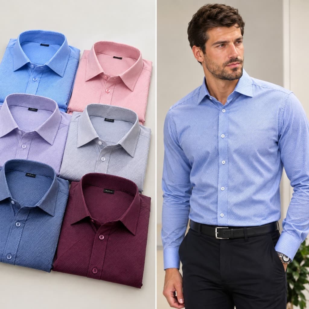 Camisa Social Slim Fit Gola Quadrada Tecido Sarja, Falso Liso Textura Riscada Casamento Padrinhos Noivo