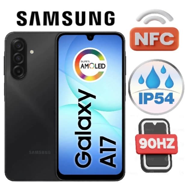 Celular Samsung A17 128Gb 4Gb Ram NFC IA 4G Tela Super Amoled 90Hz IP54 Câmera Tripla 50MP Preto