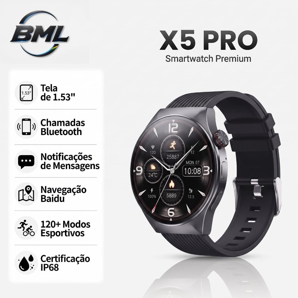 BML Relógio Inteligente X5 PRO Smartwatch IP67 Tela TFT Bluetooth Calls