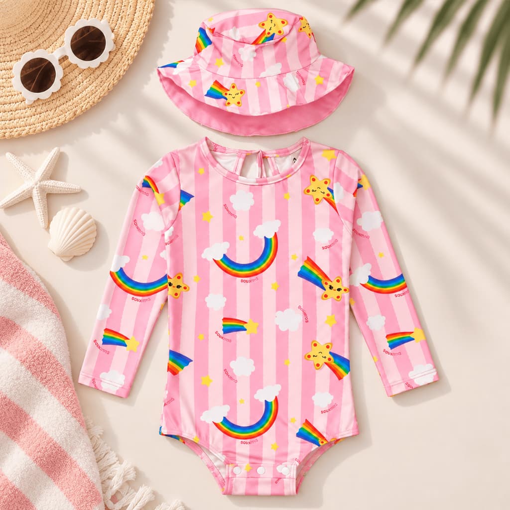 Maiô Bebê Menina UV50+ com Chapéu Forrado Estampado Proteção Solar Praia Piscina Kit 2 Peças Infantil Verão 0 a 24 Meses