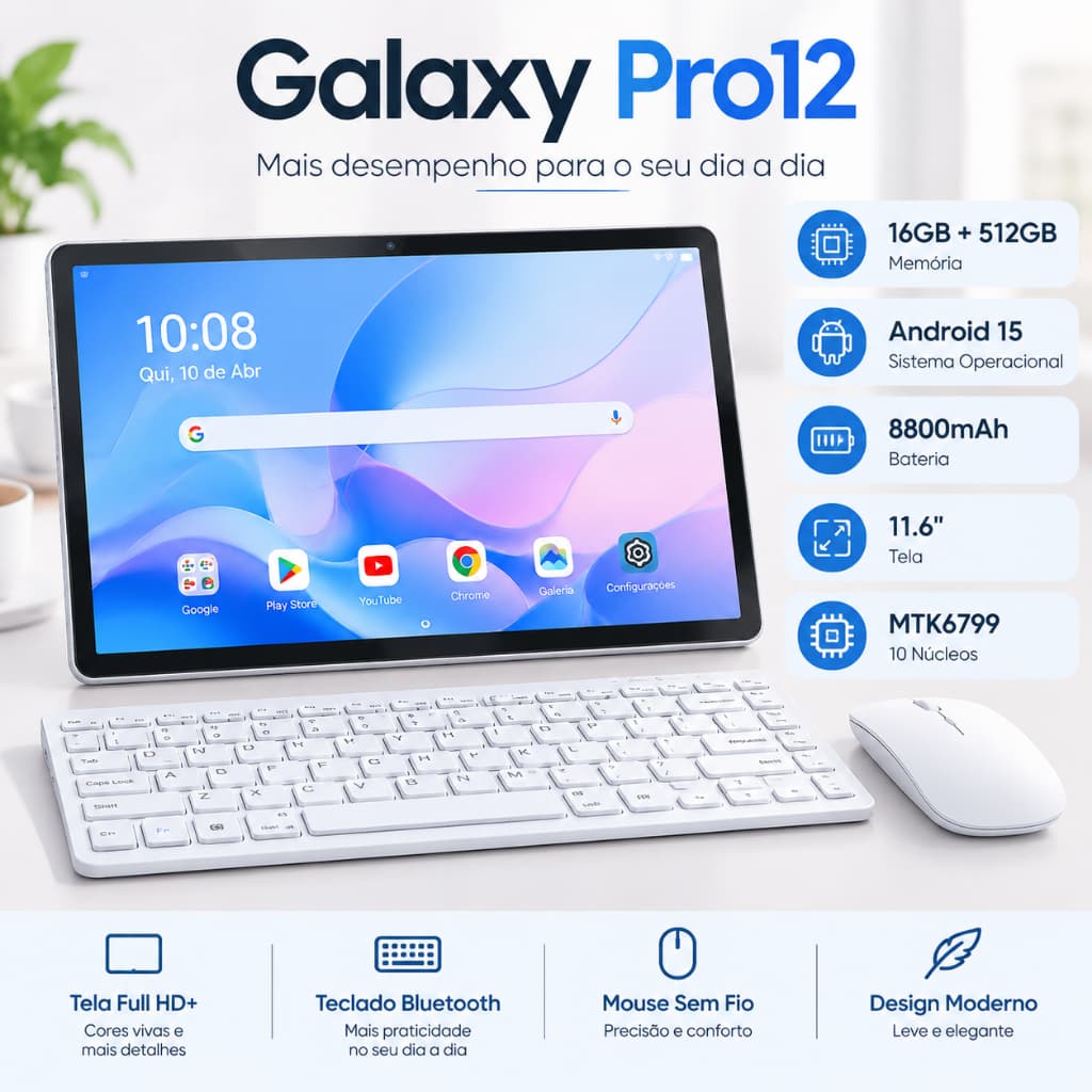 [Alto-falante, teclado e mouse grátis] Galaxy Tablet Pro 12Max 16GB+512GB 11,6-inch HD Dual SIM 5G Wi-Fi 8800 mAh