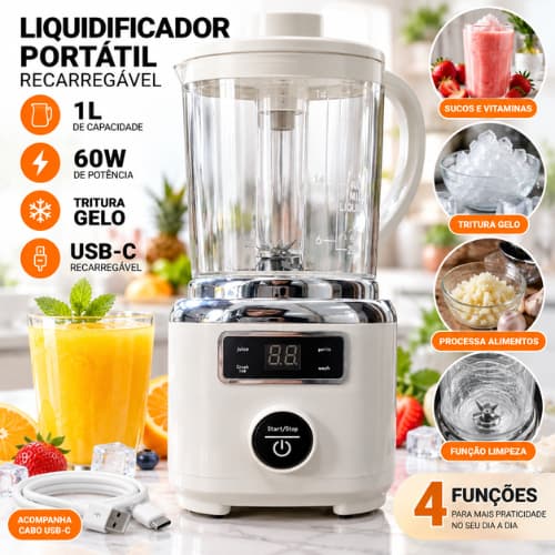 Liquidificador Portátil Recarregável 1L USB-C 60W 3 Lâminas Tritura Gelo 4 Funções para Sucos Vitaminas e Shakes Potente