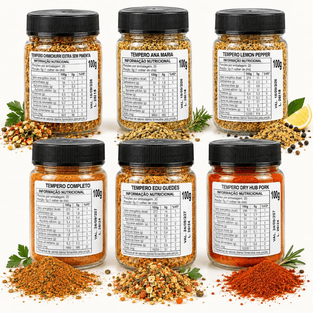 Kit 6 Temperos Gourmet Premium 100g - Chimichurri, Dry Rub e Lemon Pepper e Mais Sabores