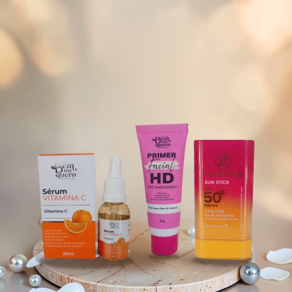 Kit Rotina de Dia Sérum Vitamina C 30ml + Primer Facial HD 30g + Sun Stick FPS50+ 20g | Bella Bem Me Quero