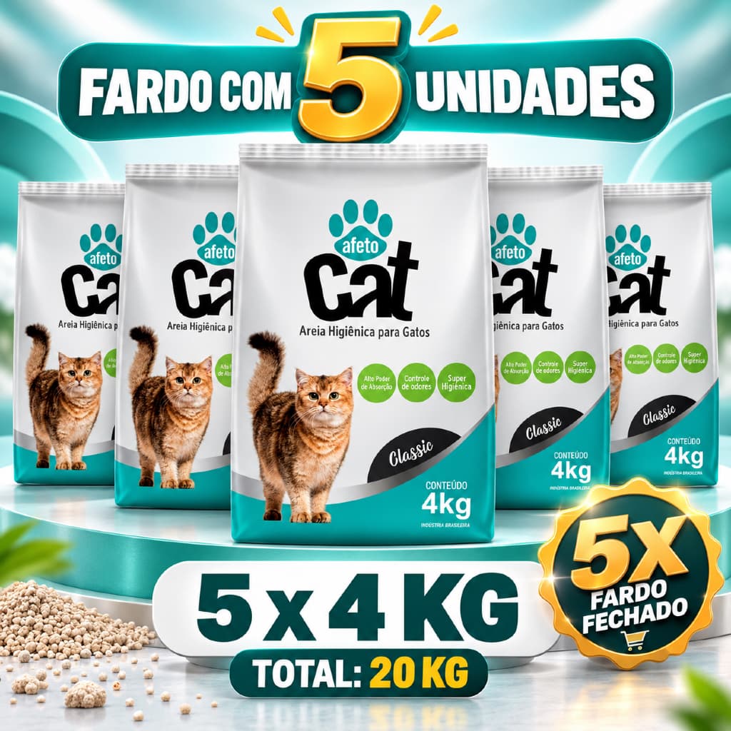 Kit 5 Areia Sanitária Higiênica Mineral para Gatos Grãos Médios Tradicional 20 kg Afeto Cat