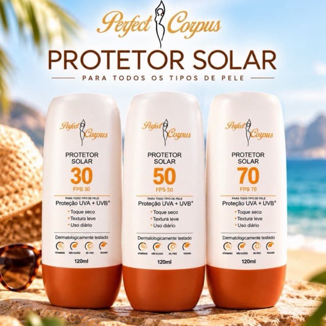 Protetor Solar Perfect Corpus FPS 30 50 e 70 Proteção UV + UVB 120ml Toque Seco Não sai na Água