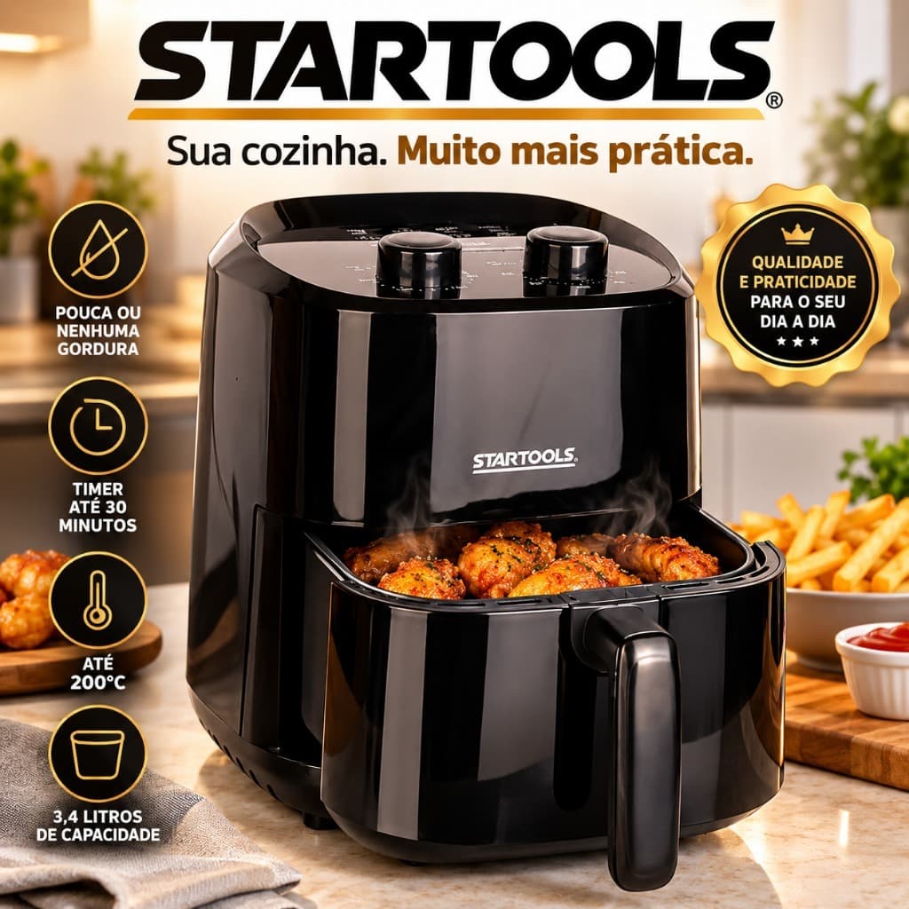 Air Fryer Startools 3,4L 127V 1200W Fritadeira Elétrica Sem Óleo Antiaderente Timer 30 Minutos 200°C