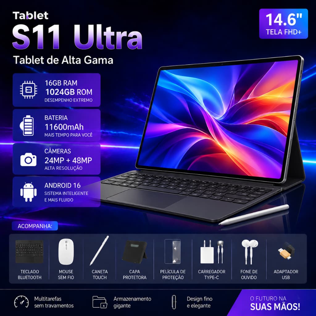 Tablet YINBER S11 Ultra 14.6" FHD+ 16GB RAM 1024GB ROM Android 16 com Teclado, Caneta, Mouse e Fone - Kit Completo