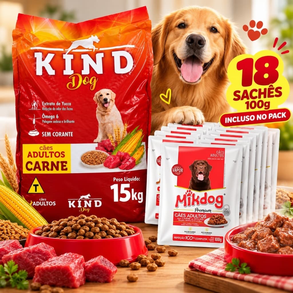 Ração para Cachorro Adulto KIND Dog Carne 15kg + 18 Sachês Mikdog 100g