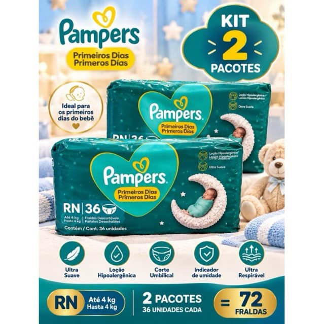 Fralda Pampers Primeiros Dias RN 36 Kit 2 Pacotes 72 Fraldas Até 4 kg Ultra Suave