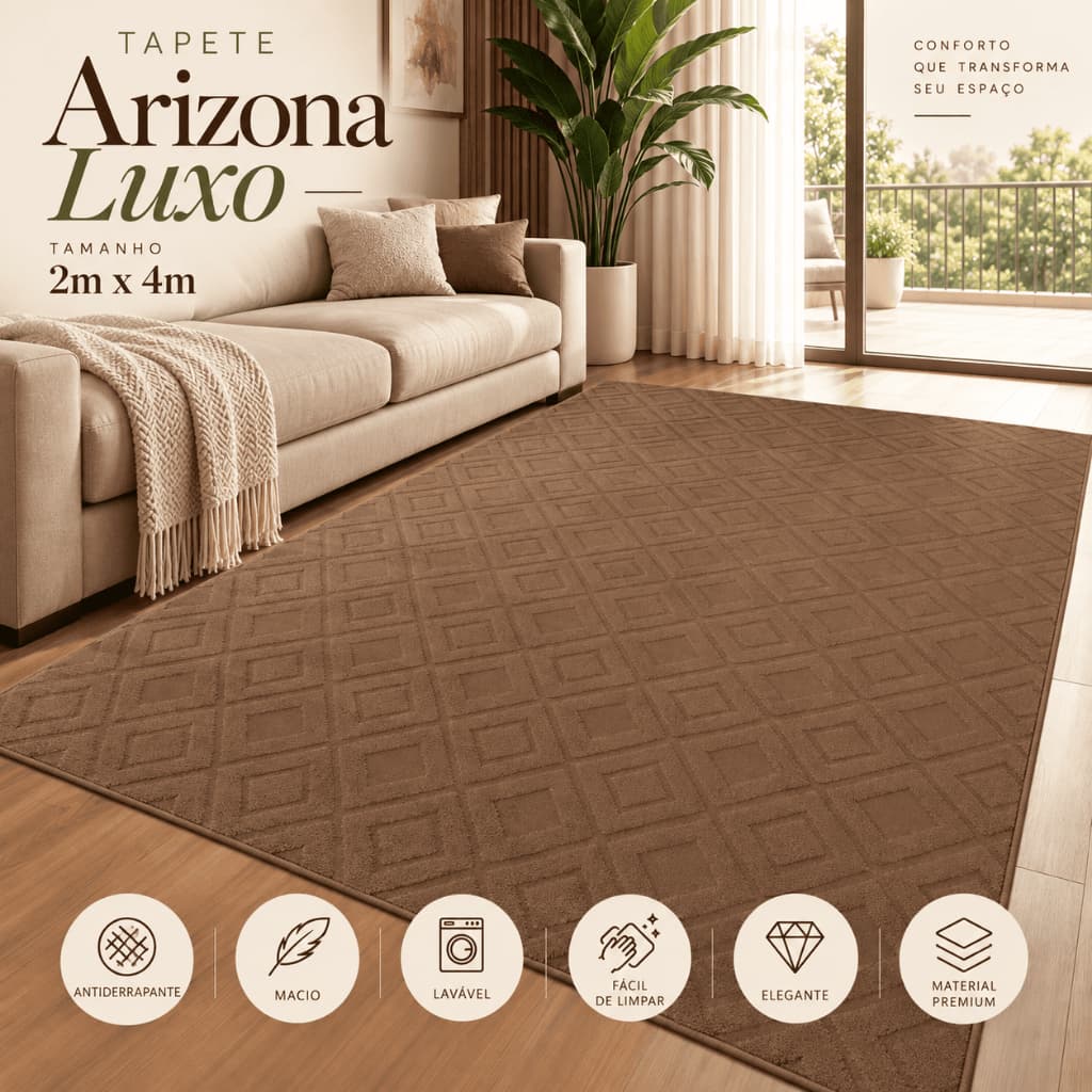 Tapete Arizona Luxo 2x4m Alto Relevo Geométrico Premium Antiderrapante Quarto Sala Escritório Lavável