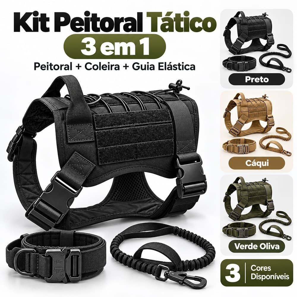 Kit Peitoral Tático 3 em 1 para Cães com Coleira e Guia Elástica Ajustável MOLLE Respirável