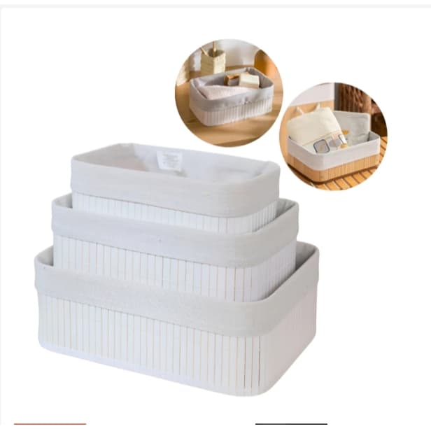 Kit Cestos Organizadores Bambu 3 Peças Branco Com Forro Lehavi Hotel Pousada Banheiro Organizador
